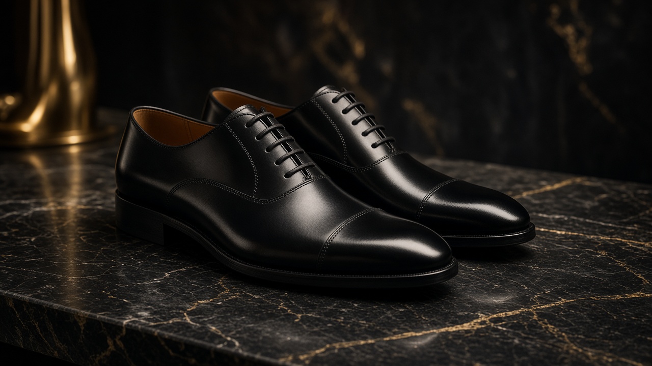 Sapato social Oxford preto polido da Eternos sobre mármore escuro com reflexos dourados.
