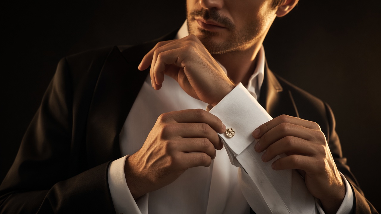 Detalhe de camisa social branca com punho francês e abotoadura dourada da marca Eternos.