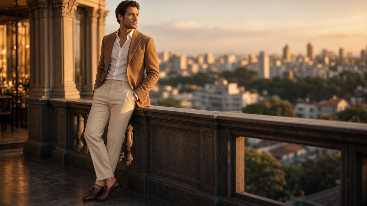 Modelo Eternos com blazer camel de esporte fino, calça creme e loafers em terraço ao entardecer.