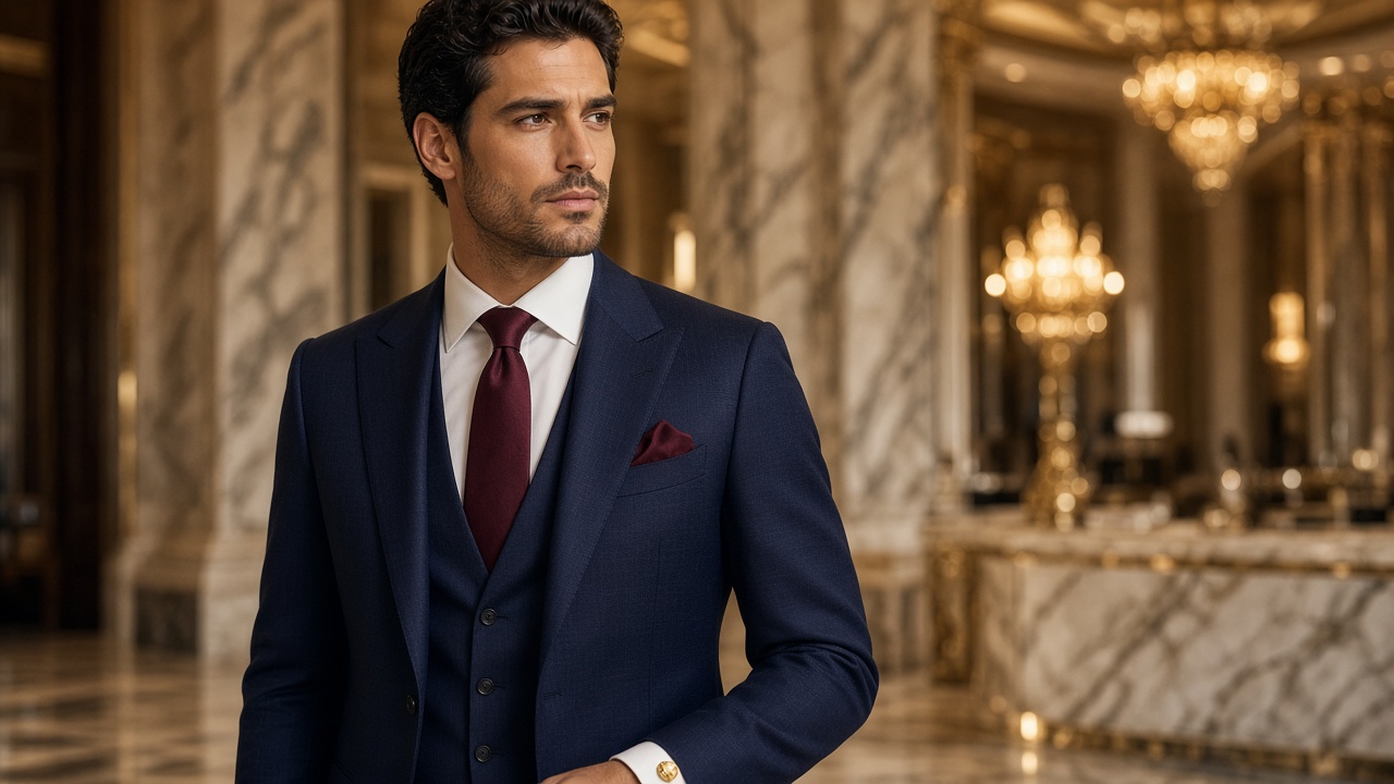 Modelo Eternos com terno navy de três peças, camisa branca e gravata bordô em saguão de mármore.